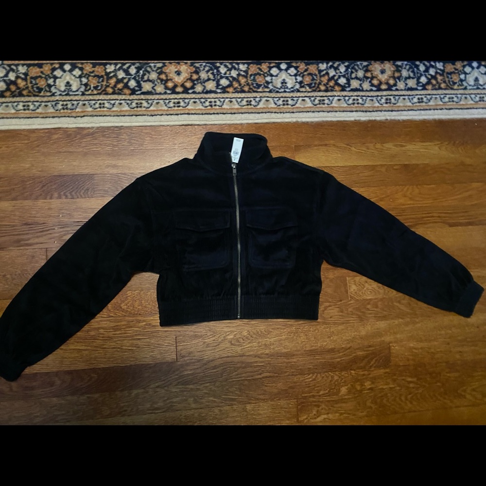 Aerie Black Corduroy Cropped Bomber Jacket